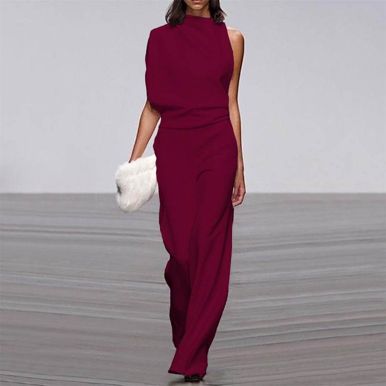 Solid Color One-Shoulder Pile Collar Jumpsuit - MYLUXURY LANE ENTERPRISE