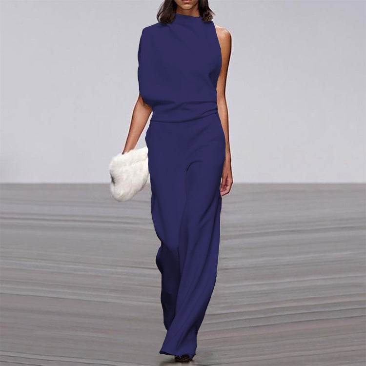 Solid Color One-Shoulder Pile Collar Jumpsuit - MYLUXURY LANE ENTERPRISE