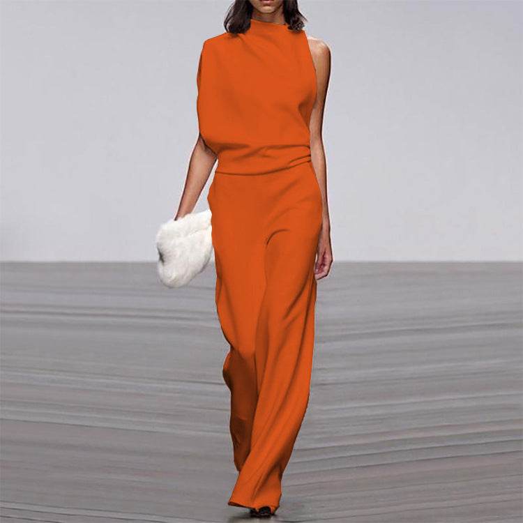 Solid Color One-Shoulder Pile Collar Jumpsuit - MYLUXURY LANE ENTERPRISE