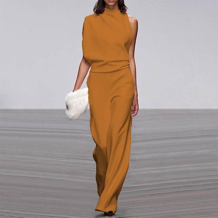 Solid Color One-Shoulder Pile Collar Jumpsuit - MYLUXURY LANE ENTERPRISE