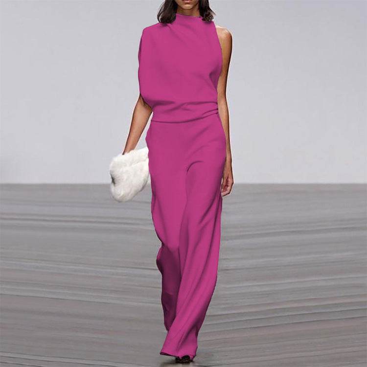 Solid Color One-Shoulder Pile Collar Jumpsuit - MYLUXURY LANE ENTERPRISE