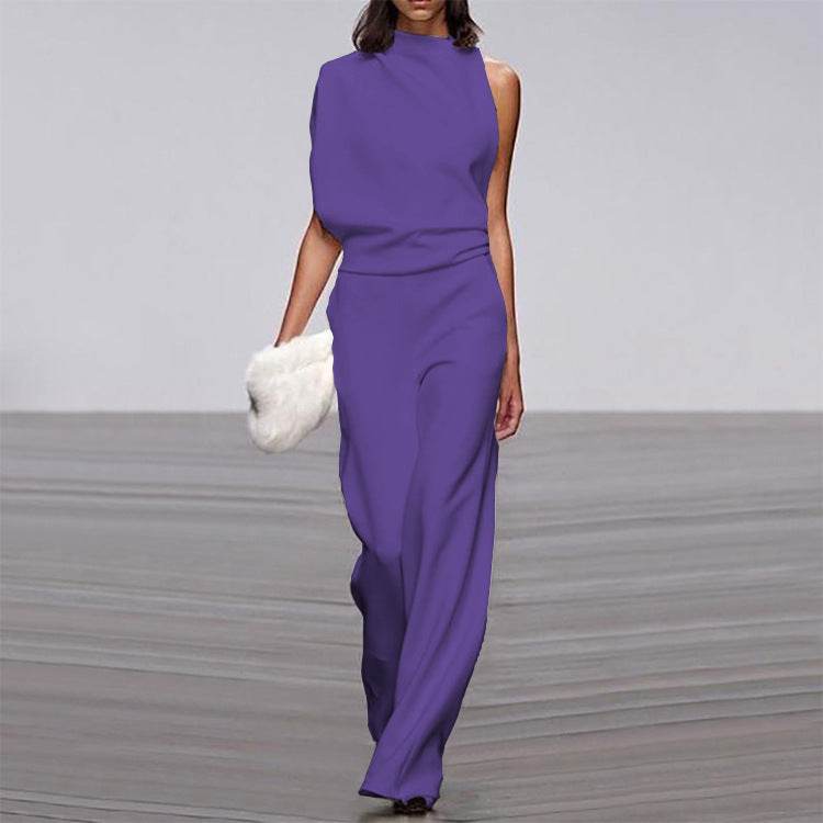 Solid Color One-Shoulder Pile Collar Jumpsuit - MYLUXURY LANE ENTERPRISE