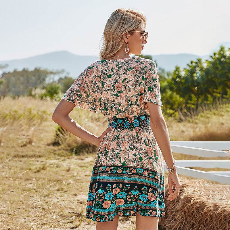 High-waisted V-neck Short-sleeved Boho Print Dress - MYLUXURY LANE ENTERPRISE