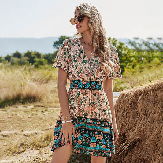 High-waisted V-neck Short-sleeved Boho Print Dress - MYLUXURY LANE ENTERPRISE