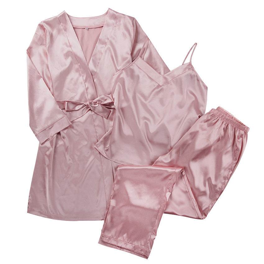 Satin Pink Simple Pajamas Suit Women Night Gown Pajamas Simulation Silk Home Service - MYLUXURY LANE ENTERPRISE