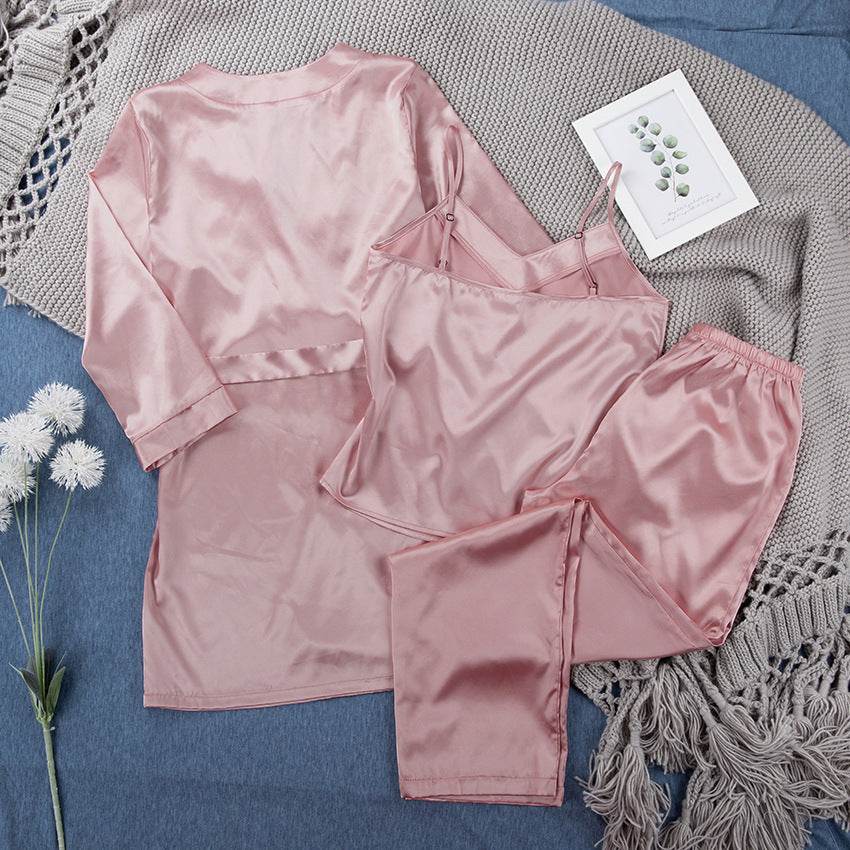 Satin Pink Simple Pajamas Suit Women Night Gown Pajamas Simulation Silk Home Service - MYLUXURY LANE ENTERPRISE