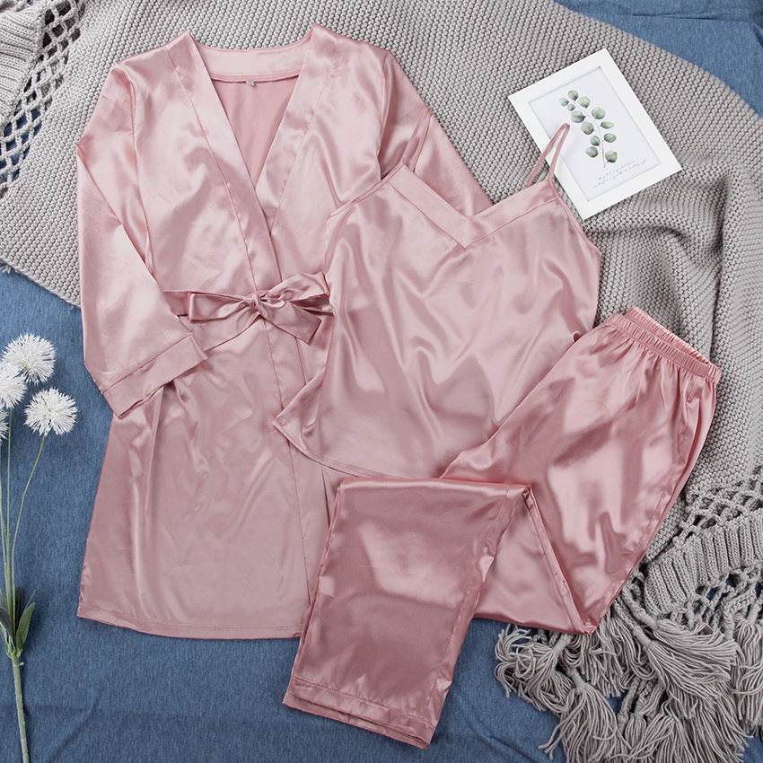 Satin Pink Simple Pajamas Suit Women Night Gown Pajamas Simulation Silk Home Service - MYLUXURY LANE ENTERPRISE