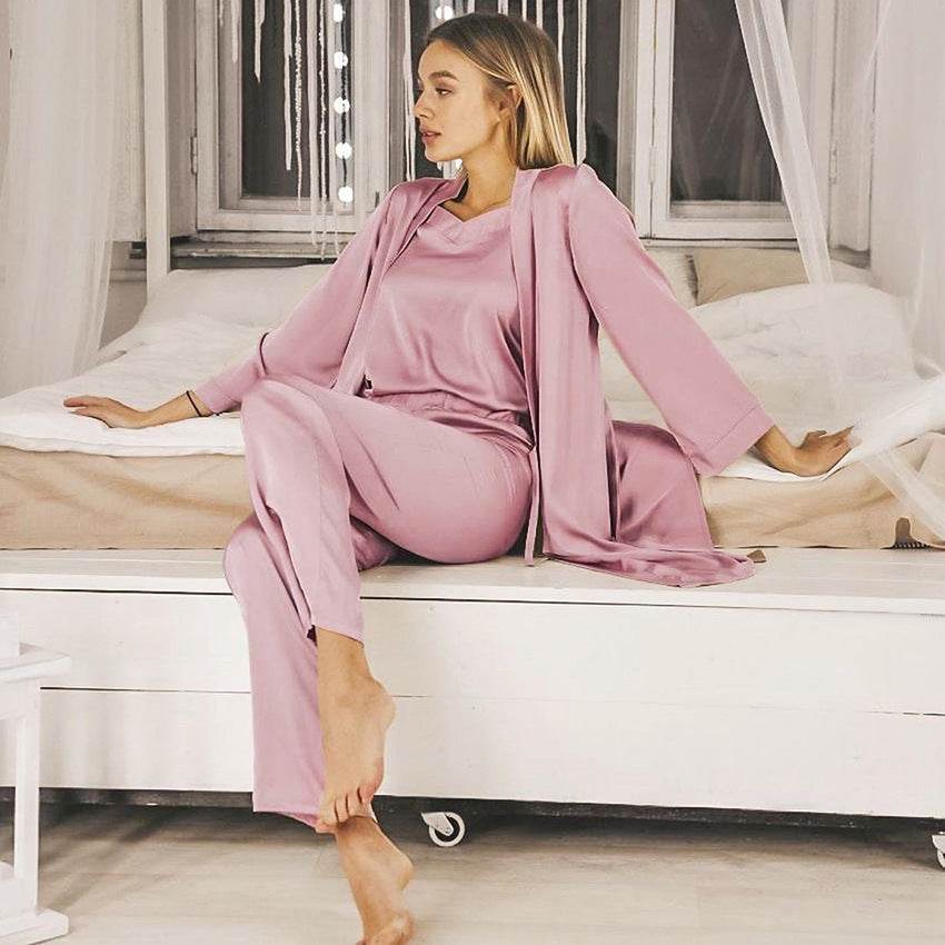 Satin Pink Simple Pajamas Suit Women Night Gown Pajamas Simulation Silk Home Service - MYLUXURY LANE ENTERPRISE