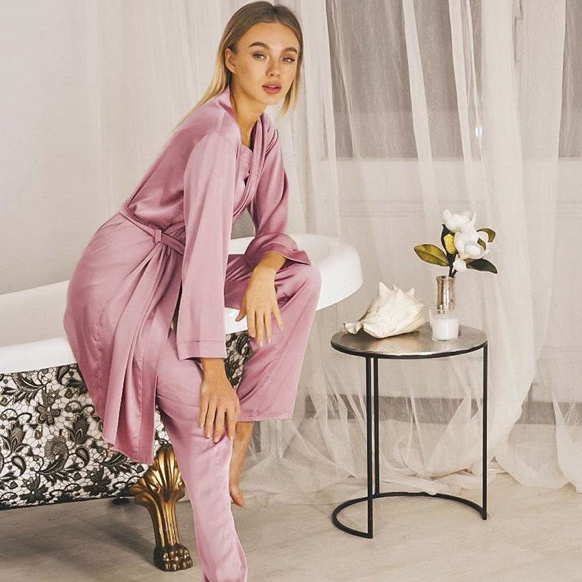 Satin Pink Simple Pajamas Suit Women Night Gown Pajamas Simulation Silk Home Service - MYLUXURY LANE ENTERPRISE