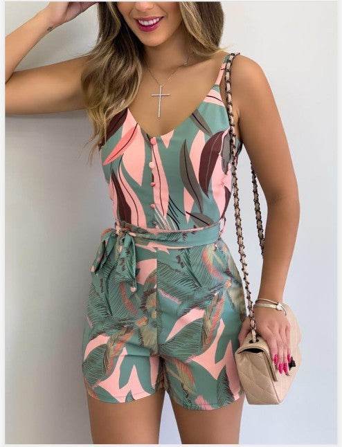 V neck Sling Print Striped Tie Jumpsuit - MYLUXURY LANE ENTERPRISE