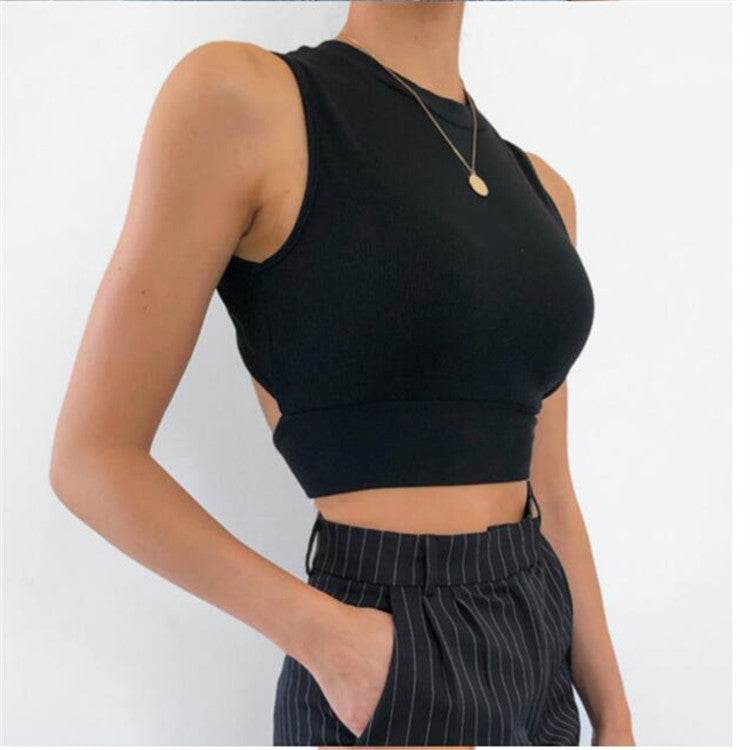 Women's Sleeveless Round Neck Tank Top With Cross Straps And Bow Tie With Back - MYLUXURY LANE ENTERPRISE