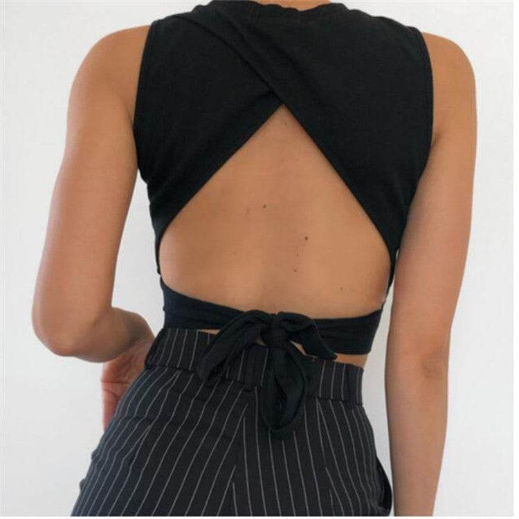 Women's Sleeveless Round Neck Tank Top With Cross Straps And Bow Tie With Back - MYLUXURY LANE ENTERPRISE