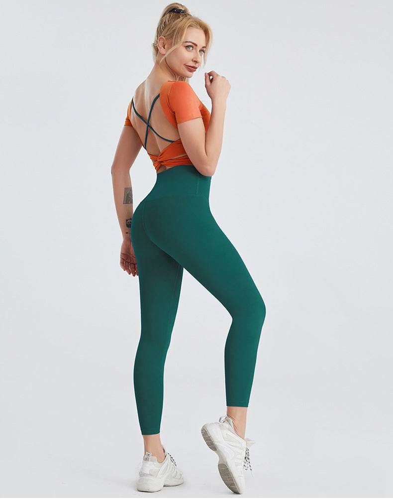 Yoga Wear Women's Nude Sexy Beauty Back Fitness Top High-waist Hip-hip Leggings Two-piece Suit - MYLUXURY LANE ENTERPRISE