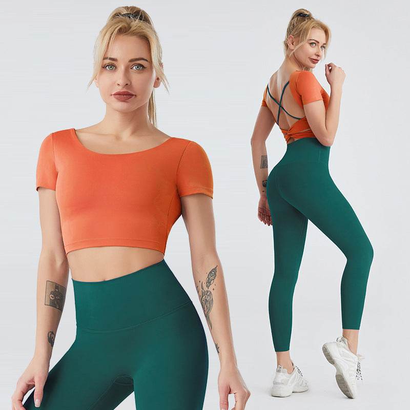 Yoga Wear Women's Nude Sexy Beauty Back Fitness Top High-waist Hip-hip Leggings Two-piece Suit - MYLUXURY LANE ENTERPRISE