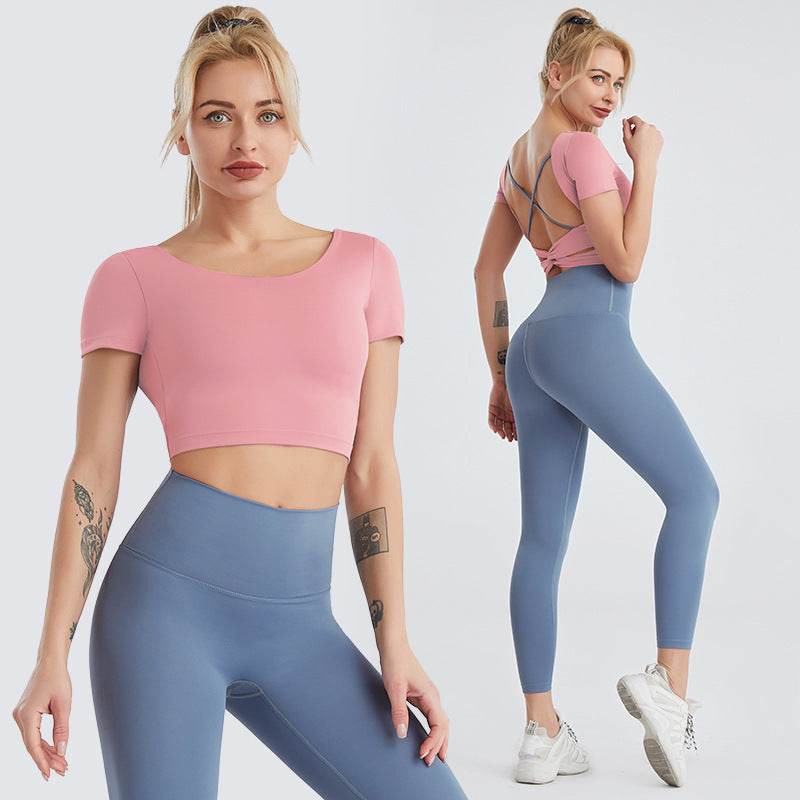 Yoga Wear Women's Nude Sexy Beauty Back Fitness Top High-waist Hip-hip Leggings Two-piece Suit - MYLUXURY LANE ENTERPRISE