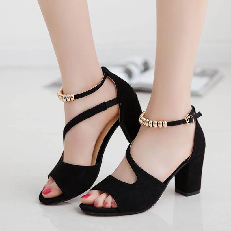 One Word Buckle Mid-Heel Thick Heel High Heels Shoes Back Bag Heel Shoes - MYLUXURY LANE ENTERPRISE