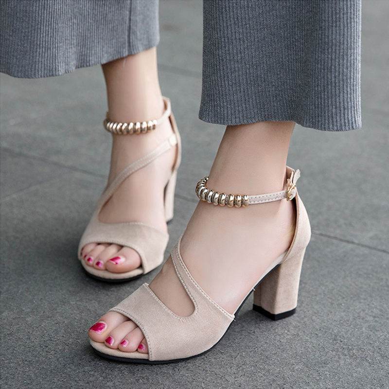 One Word Buckle Mid-Heel Thick Heel High Heels Shoes Back Bag Heel Shoes - MYLUXURY LANE ENTERPRISE