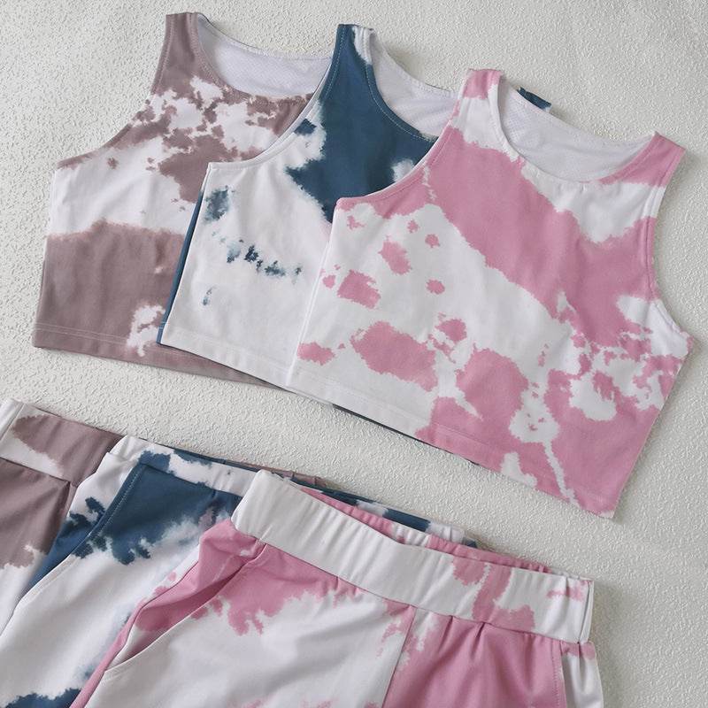 European And American Style Tie-Dye Sports Shorts Suit Running Quick-Drying Solid Color Yoga Fitness Suit - MYLUXURY LANE ENTERPRISE