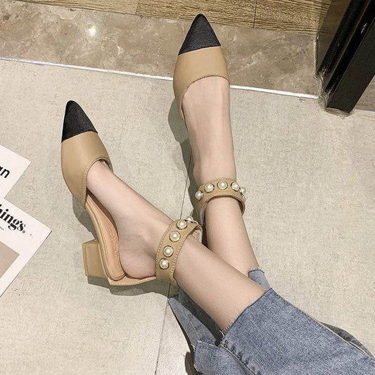 Womens Pumps Shoes Dorsay Ankle Strap Square Heels Pointed Toe String Bead Sweet Strap - MYLUXURY LANE ENTERPRISE