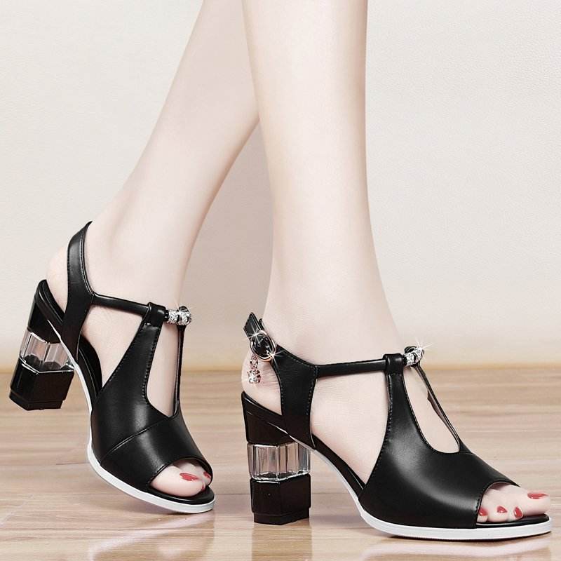 One Word Strap Toe High Heels Women Thick Heels - MYLUXURY LANE ENTERPRISE