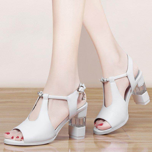One Word Strap Toe High Heels Women Thick Heels - MYLUXURY LANE ENTERPRISE