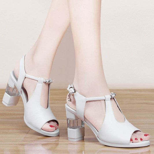 One Word Strap Toe High Heels Women Thick Heels - MYLUXURY LANE ENTERPRISE