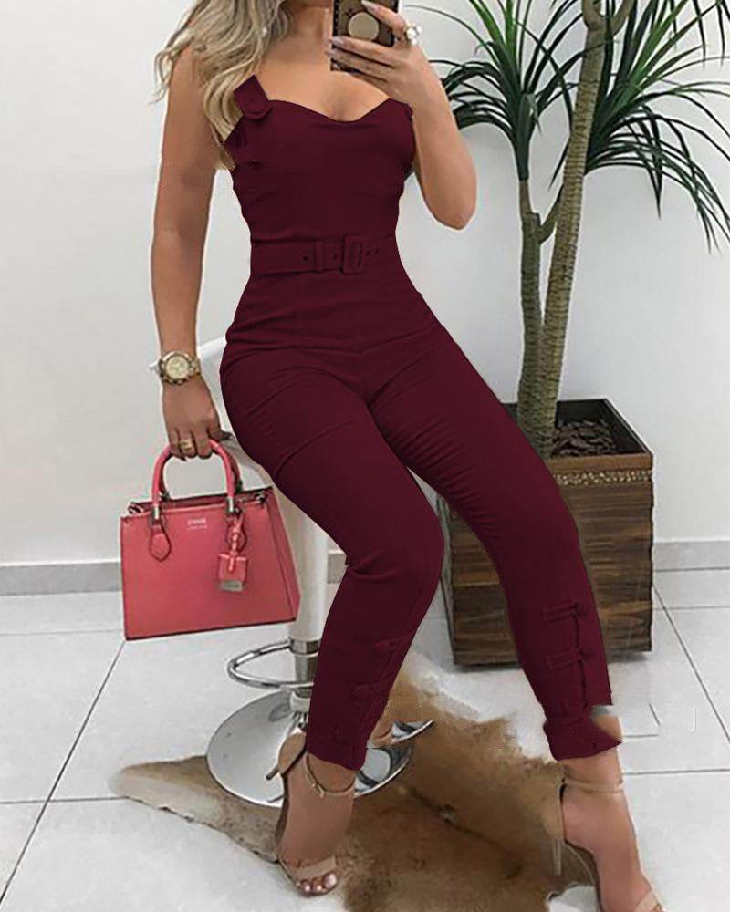 European And American Sling V-neck One-piece With Belt - MYLUXURY LANE ENTERPRISE