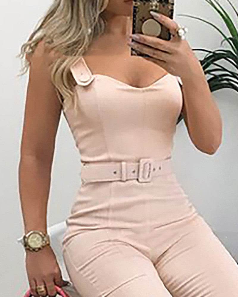 European And American Sling V-neck One-piece With Belt - MYLUXURY LANE ENTERPRISE