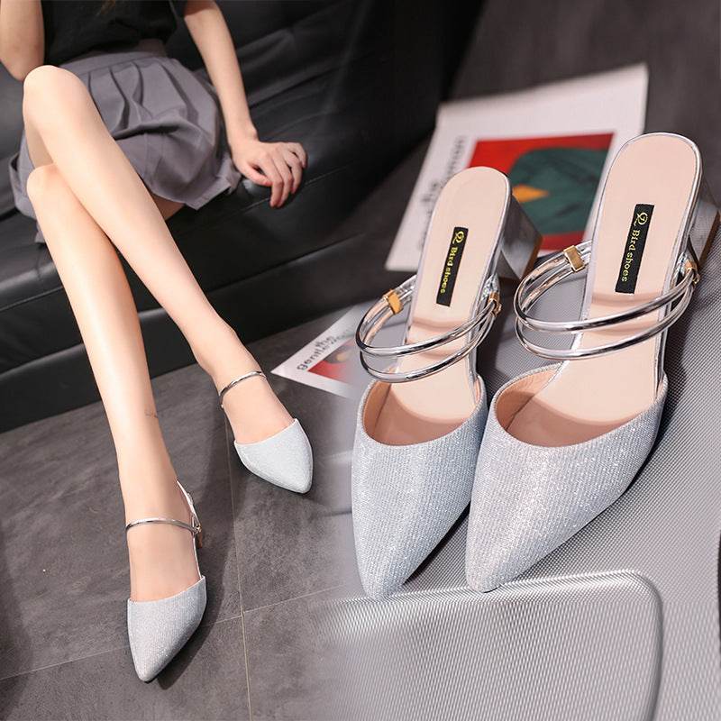 Pointed Toe Cap Frosted Shiny Surface Thick Heel Two-wear Women's Sandals - MYLUXURY LANE ENTERPRISE