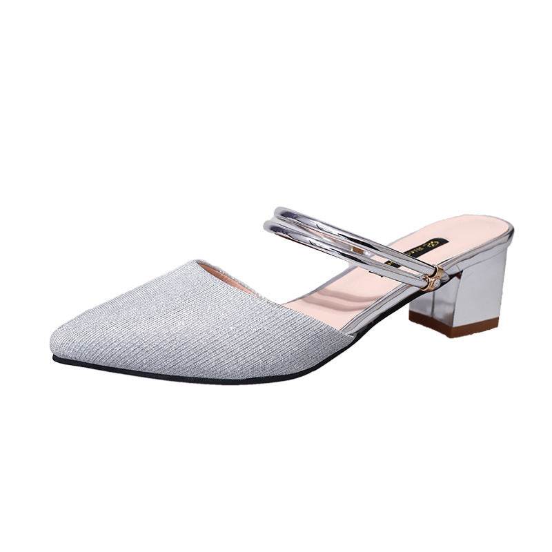 Pointed Toe Cap Frosted Shiny Surface Thick Heel Two-wear Women's Sandals - MYLUXURY LANE ENTERPRISE