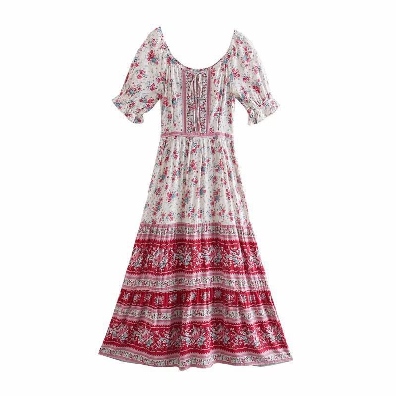Aachoae Women Elegant A Line Long Maxi Dress With Belt Summer Floral Print Beach Dress Ruffle Short Sleeve Bow Tie Chic Dresses - MYLUXURY LANE ENTERPRISE