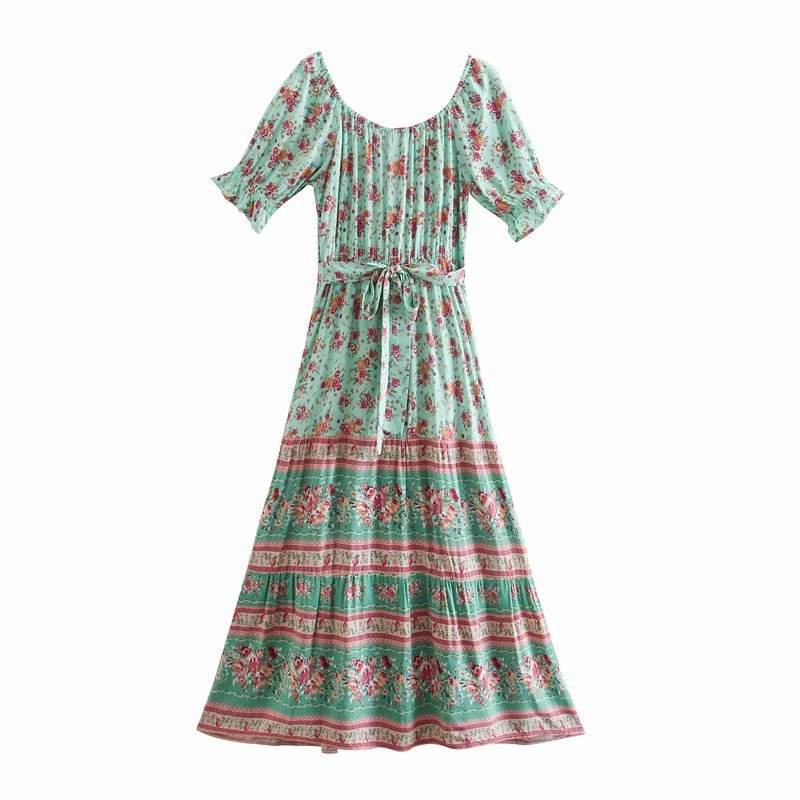 Aachoae Women Elegant A Line Long Maxi Dress With Belt Summer Floral Print Beach Dress Ruffle Short Sleeve Bow Tie Chic Dresses - MYLUXURY LANE ENTERPRISE