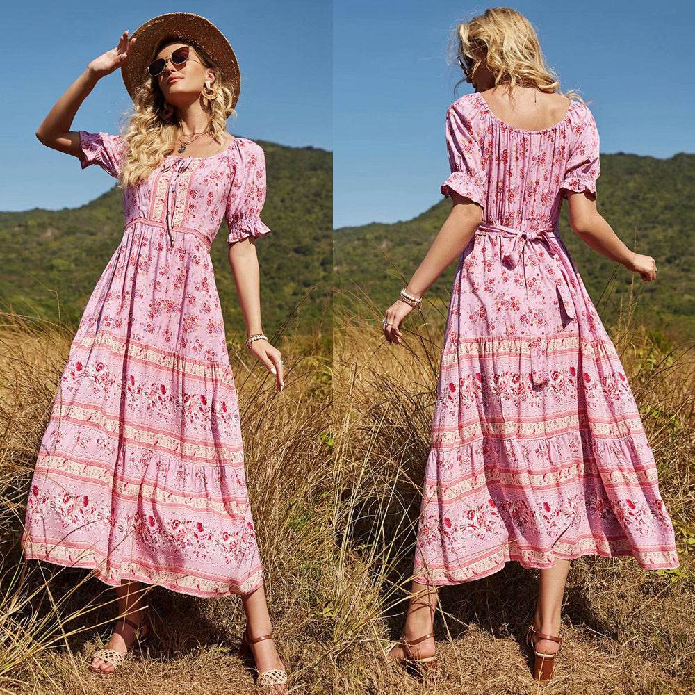 Aachoae Women Elegant A Line Long Maxi Dress With Belt Summer Floral Print Beach Dress Ruffle Short Sleeve Bow Tie Chic Dresses - MYLUXURY LANE ENTERPRISE