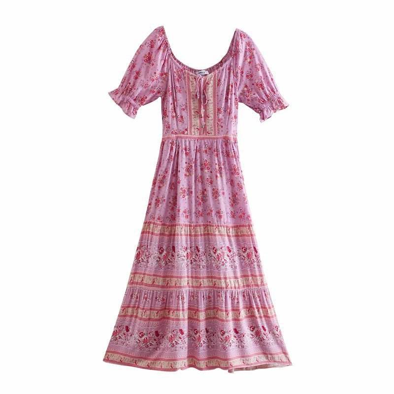 Aachoae Women Elegant A Line Long Maxi Dress With Belt Summer Floral Print Beach Dress Ruffle Short Sleeve Bow Tie Chic Dresses - MYLUXURY LANE ENTERPRISE