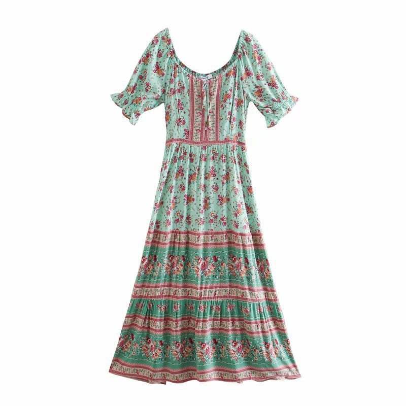 Aachoae Women Elegant A Line Long Maxi Dress With Belt Summer Floral Print Beach Dress Ruffle Short Sleeve Bow Tie Chic Dresses - MYLUXURY LANE ENTERPRISE