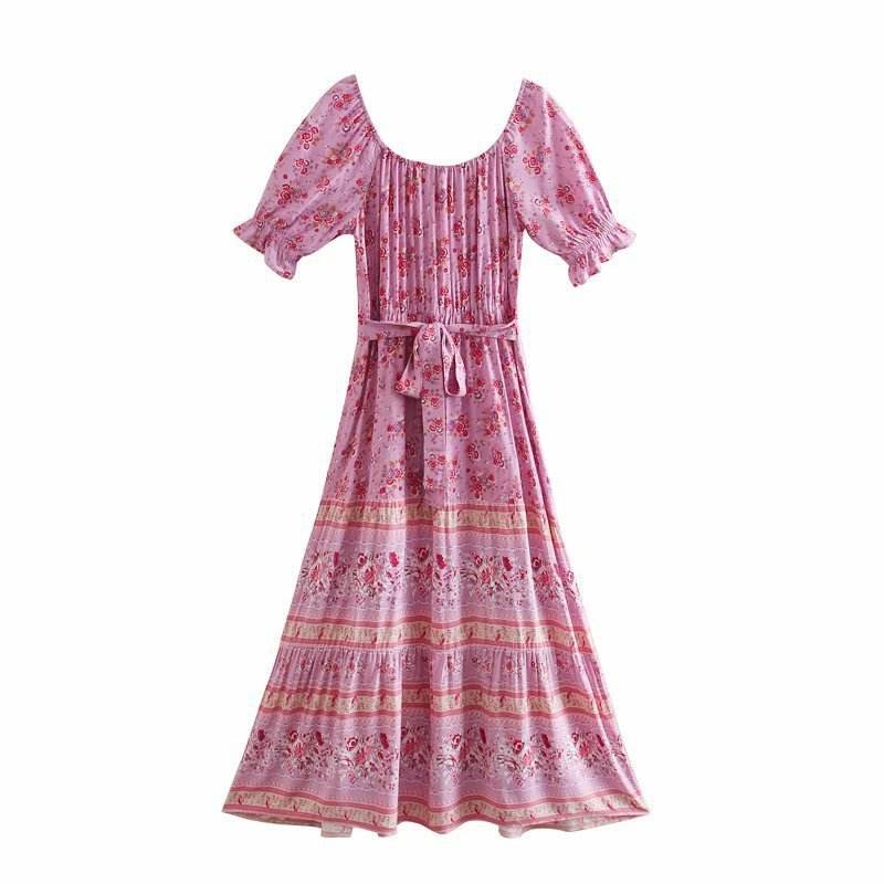 Aachoae Women Elegant A Line Long Maxi Dress With Belt Summer Floral Print Beach Dress Ruffle Short Sleeve Bow Tie Chic Dresses - MYLUXURY LANE ENTERPRISE
