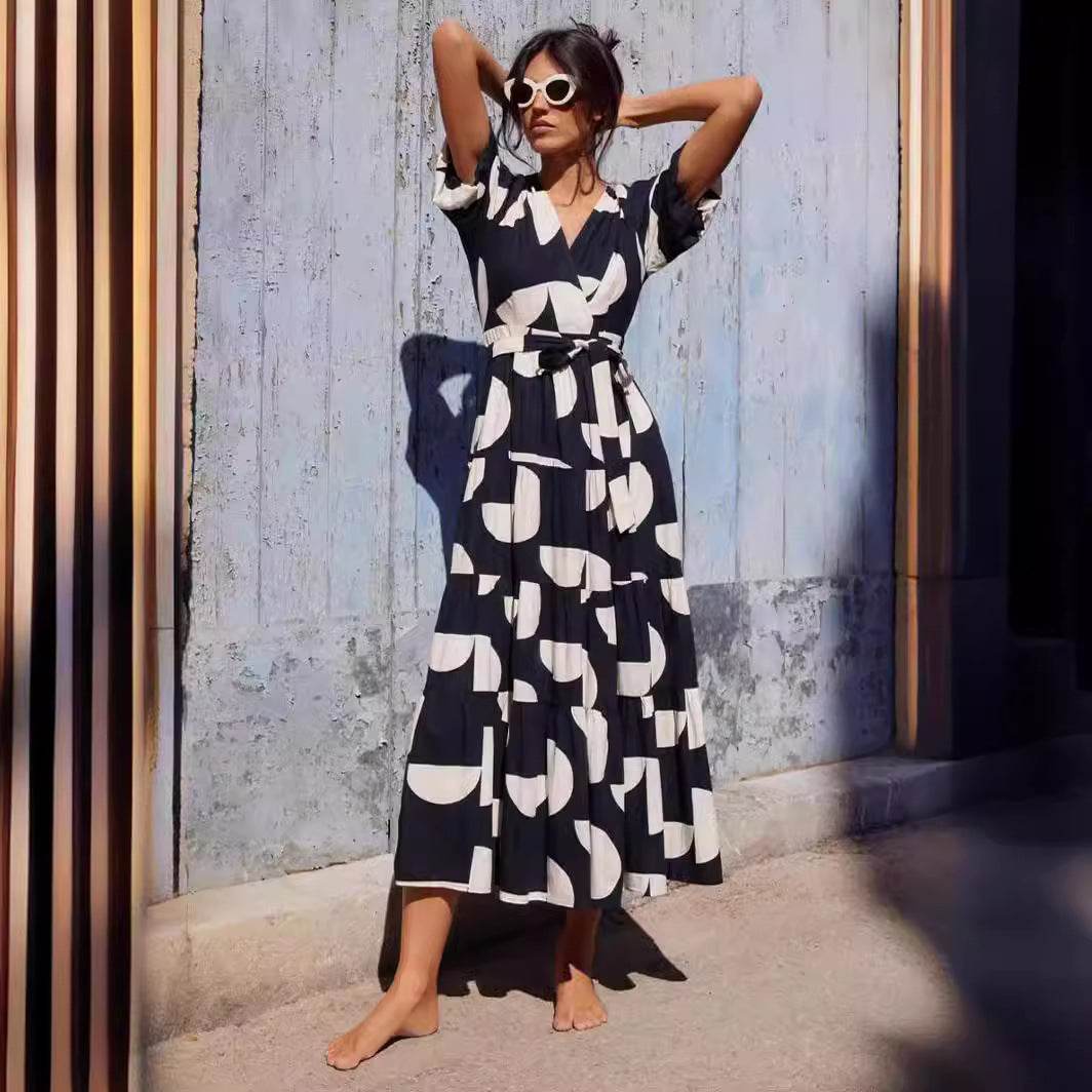 Summer New Casual V-neck Printing Mid-length Dress - MYLUXURY LANE ENTERPRISE