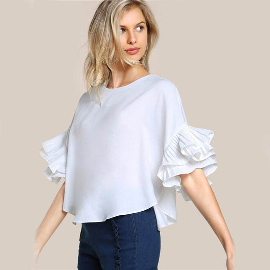 Ladies T-shirt Round Neck Lotus Leaf Double Layer Bell Sleeve Short Chic Top - MYLUXURY LANE ENTERPRISE