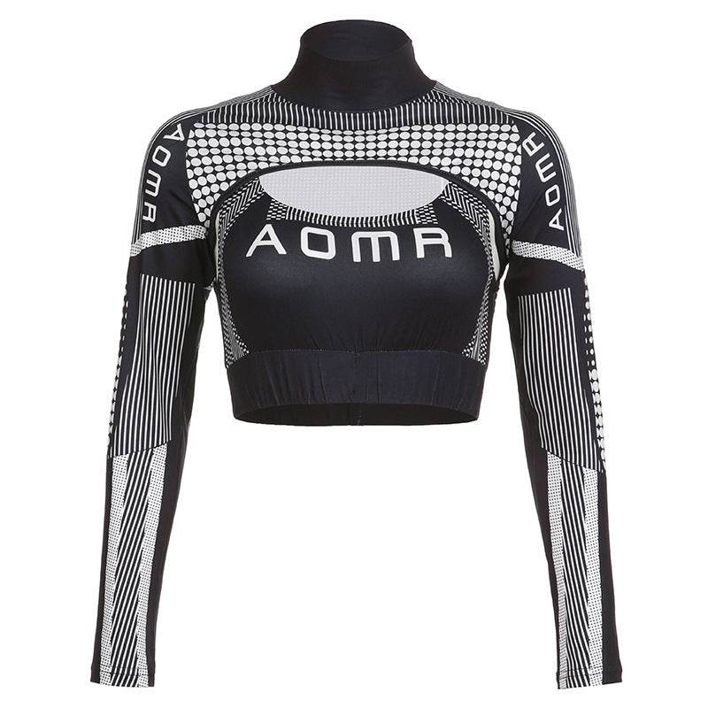 Car Line Print Blouse Short Top Hot Girl Outdoor Wear Personality Turtleneck Long Sleeve T-shirt Two-piece Set - MYLUXURY LANE ENTERPRISE