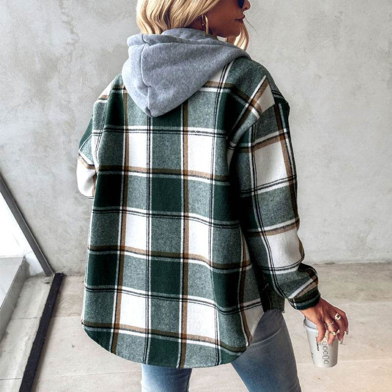 European And American Fashion Women's Wear Solid Color Plaid Hooded Jacket - MYLUXURY LANE ENTERPRISE