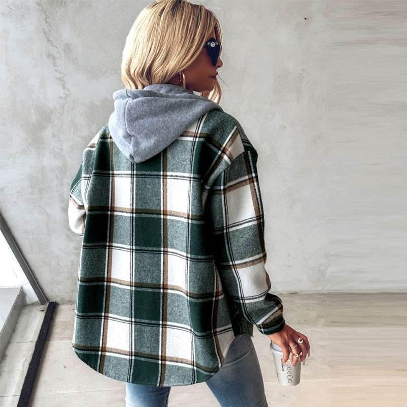 European And American Fashion Women's Wear Solid Color Plaid Hooded Jacket - MYLUXURY LANE ENTERPRISE