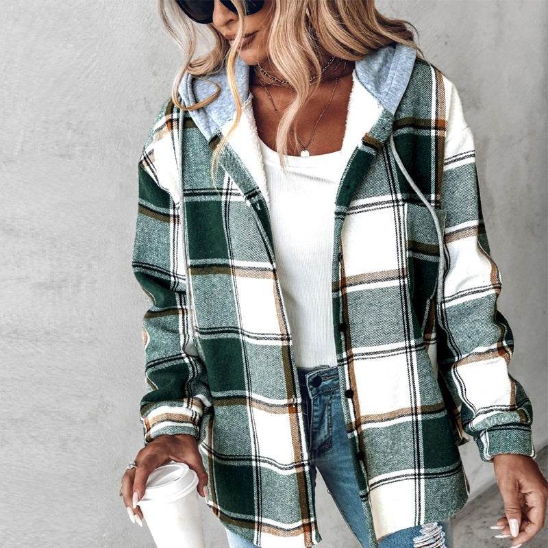 European And American Fashion Women's Wear Solid Color Plaid Hooded Jacket - MYLUXURY LANE ENTERPRISE