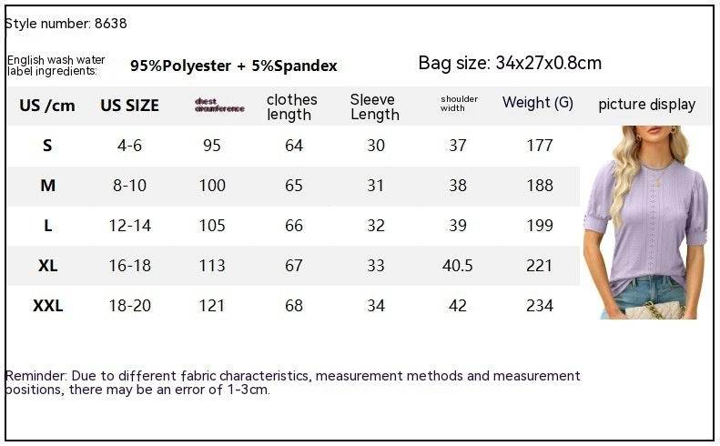 Summer Round Neck Hole Hollow-out Button Short-sleeved Casual Top - MYLUXURY LANE ENTERPRISE