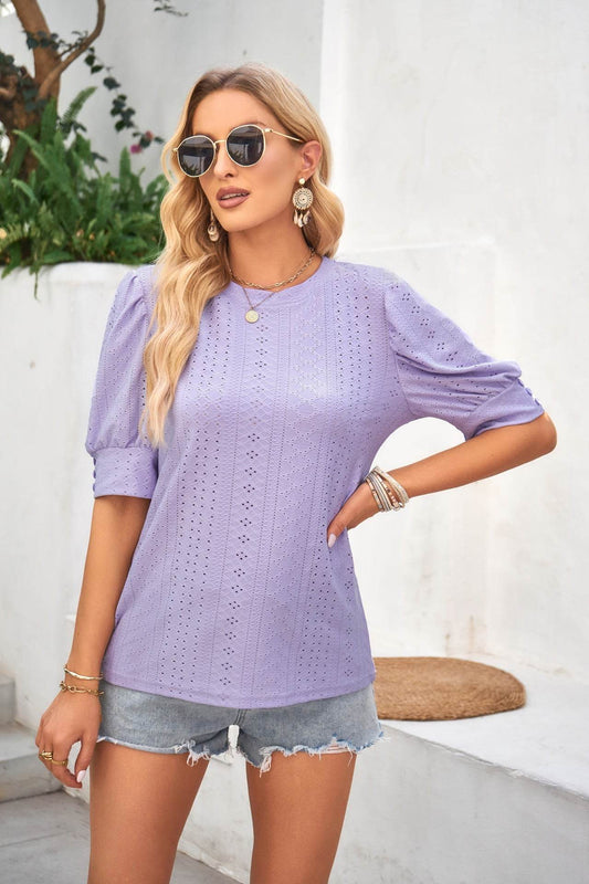 Summer Round Neck Hole Hollow-out Button Short-sleeved Casual Top - MYLUXURY LANE ENTERPRISE