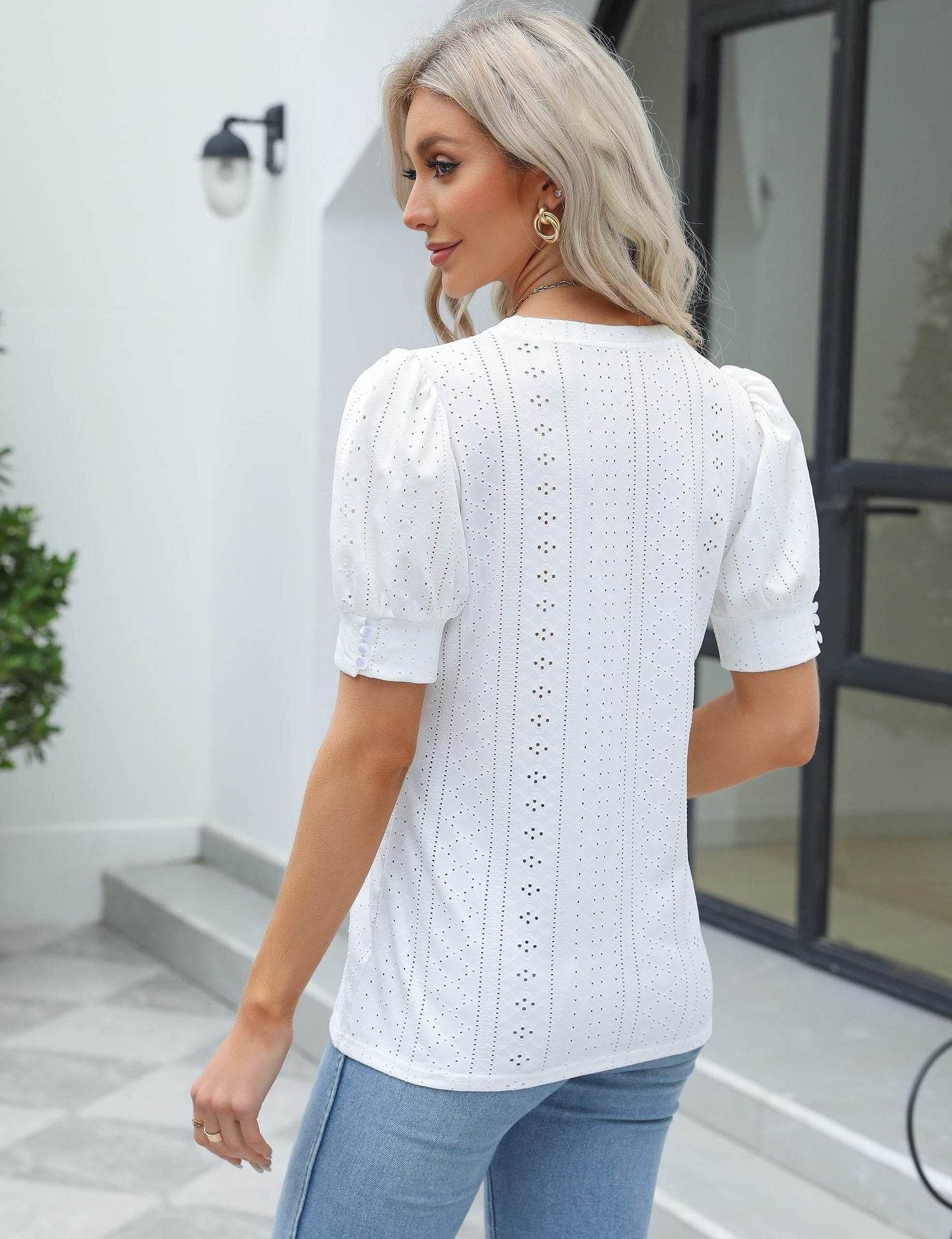 Summer Round Neck Hole Hollow-out Button Short-sleeved Casual Top - MYLUXURY LANE ENTERPRISE