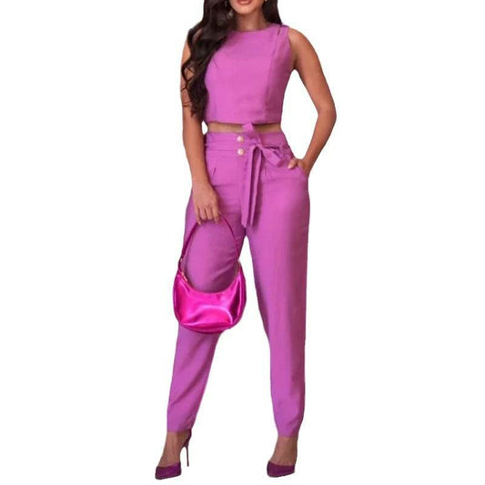 Elegance Sleeveless Pure Color Tied Slimming Blouse And Pants - MYLUXURY LANE ENTERPRISE