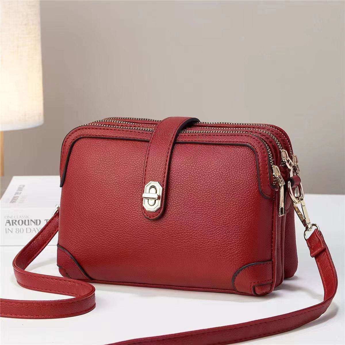 Multi-layer Lychee Pattern Simple Texture Soft Leather Western Style Multi-functional Shoulder Crossbody Small Square Bag - MYLUXURY LANE ENTERPRISE