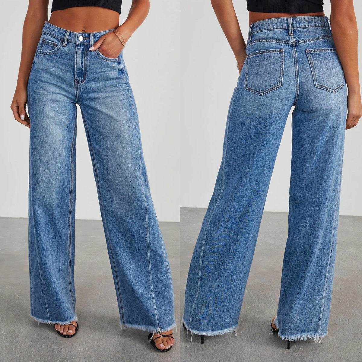 Women's Loose Wide-leg Side Seam Stitching Frayed Hem Jeans - MYLUXURY LANE ENTERPRISE