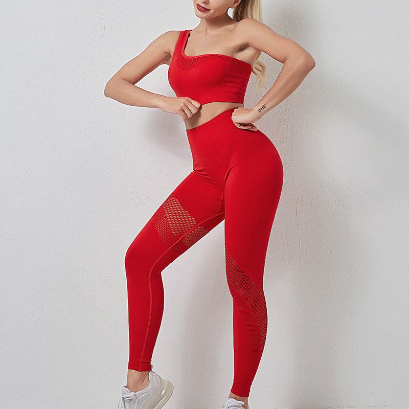Gathered single shoulder sports bra bra mesh high waist hip yoga pants - MYLUXURY LANE ENTERPRISE