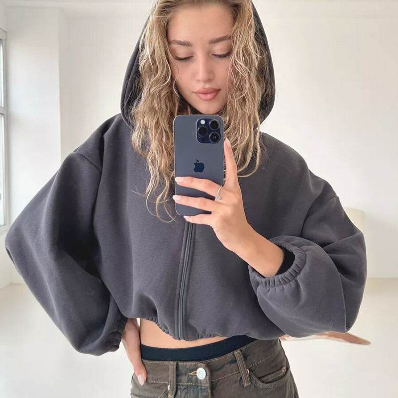 Casual Solid Color Hooded Short Jacket Y2K Fashion Sports Sweatshirt Long Sleeve Zip Up Cardigan Hoodies Women's Clothing - MYLUXURY LANE ENTERPRISE